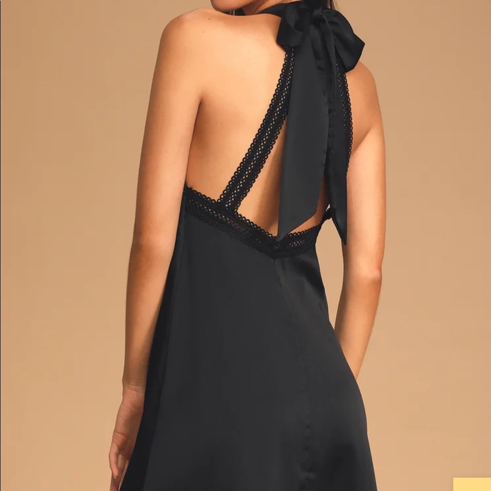 Short and Chic Black Satin Halter Mini Dress